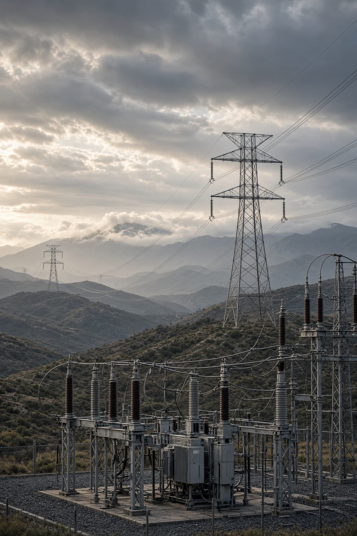Outdoor switchyard and transmission towers in hilly terrain