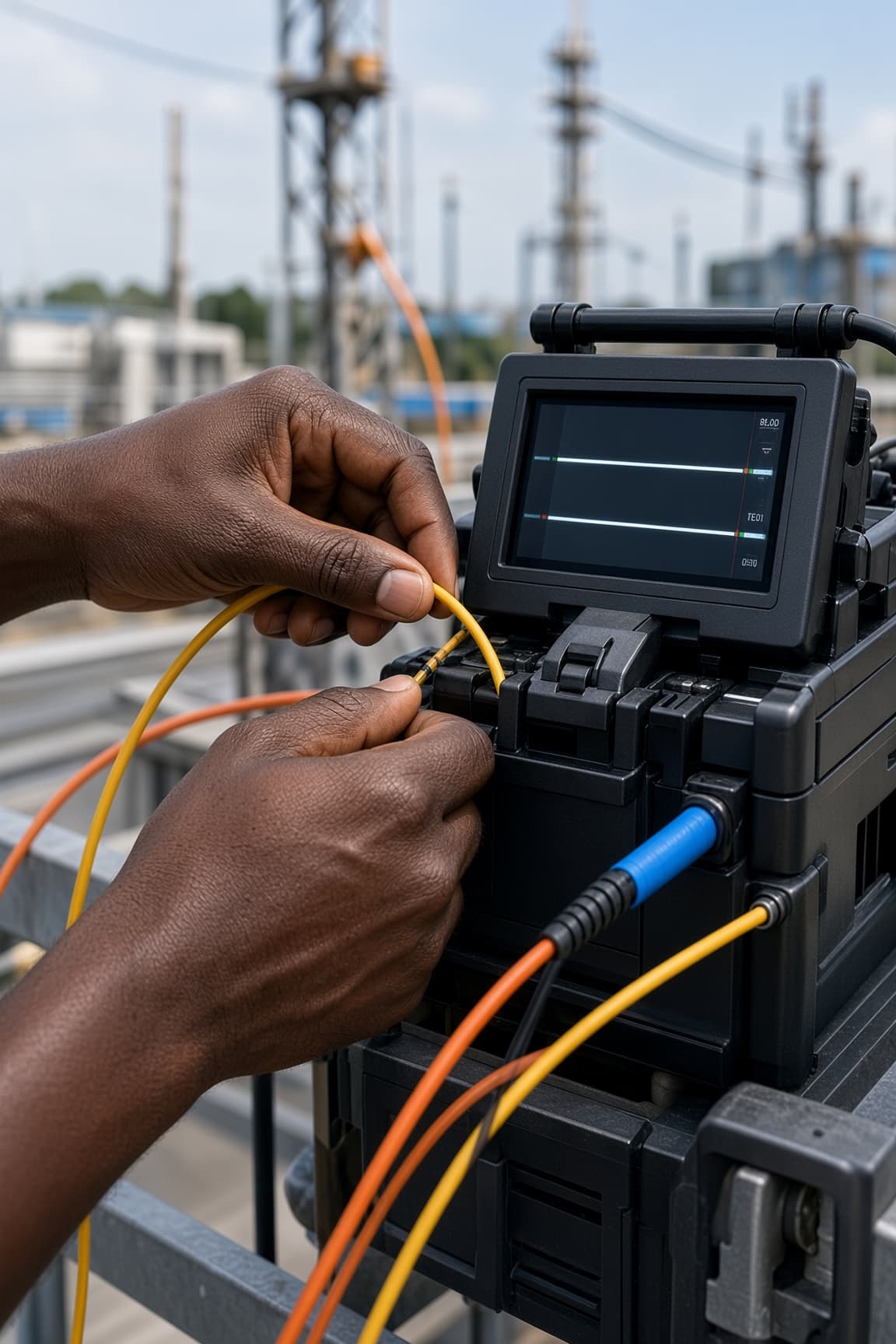 Technician feeding optical fiber into a fusion splicer