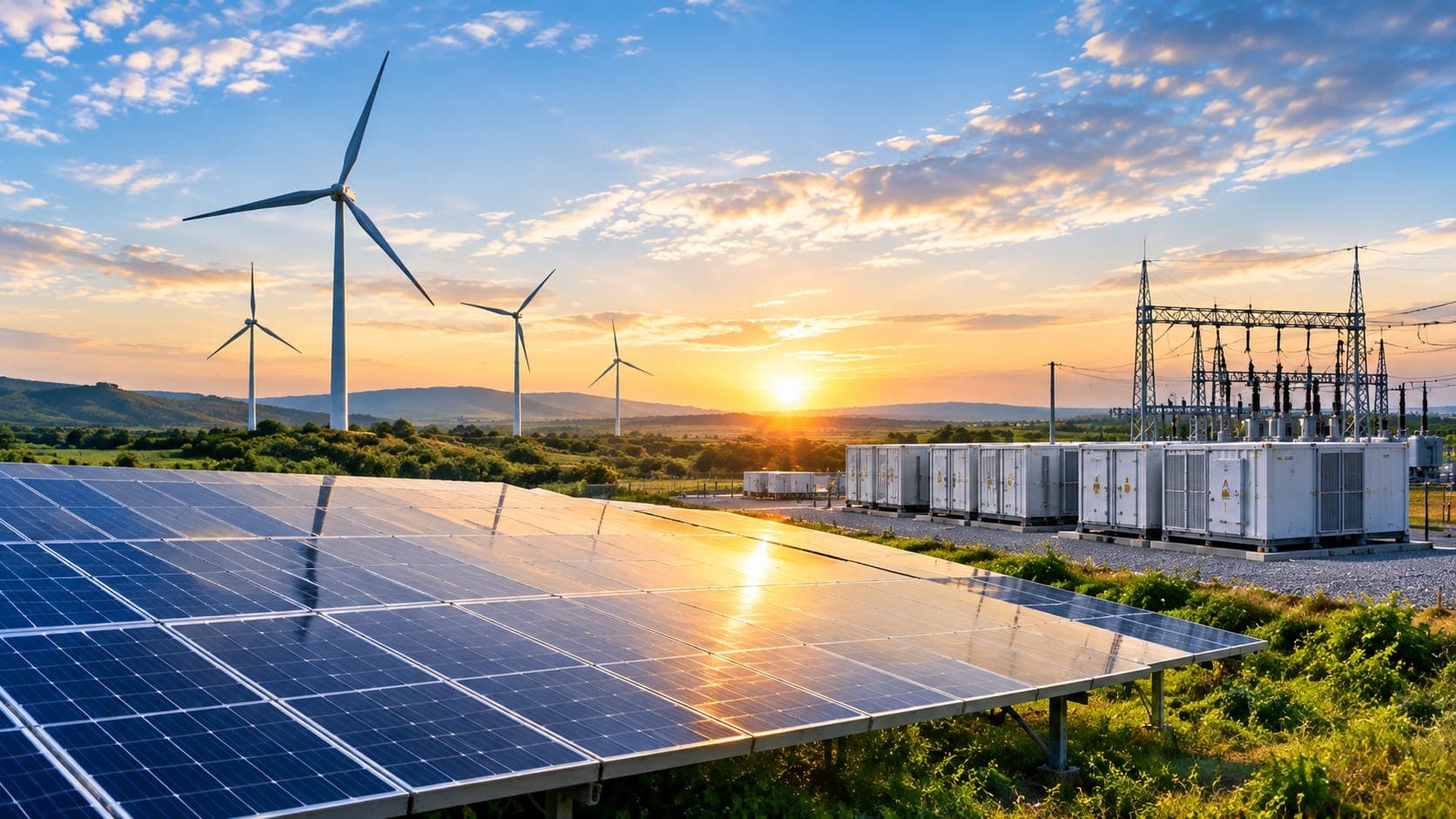 Solar farm, wind turbines and battery storage connected to a substation