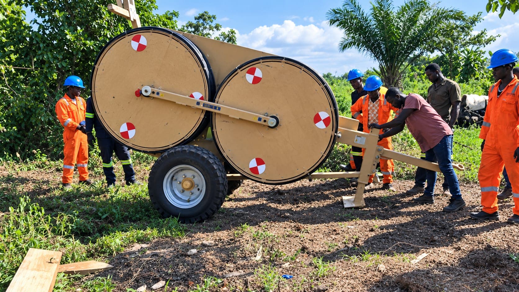 Adzepa utility crew operating a cable drum trailer on a power line site